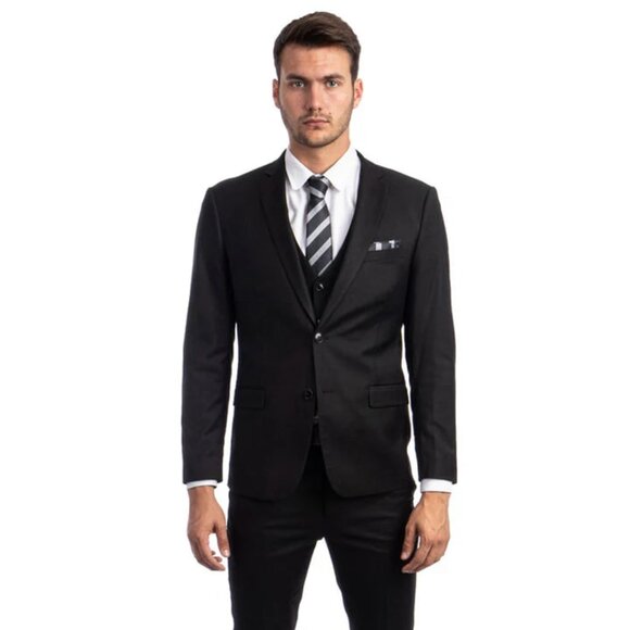 Men's Two Button Slim Fit Vested Solid Basic Color Suit in Black - Picture 1 of 4